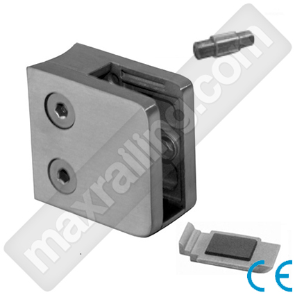 Държач за стъкло 8мм. към тръба Ø42,4мм. с подпорна планка. Неръждаема стомана AISI 304. Сатенирана.